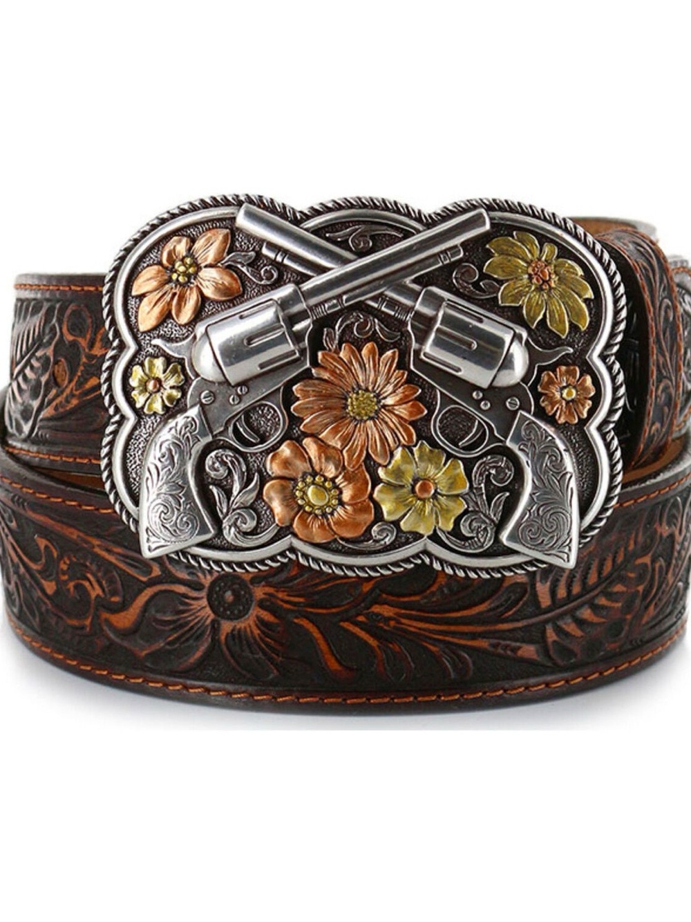 Tony Lama Bandit Queen WesternTooled BrownLeather Belt Floral Revolver Buckle 34